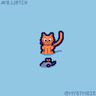 Double outline pixel art of a cat staring at toy mouse.