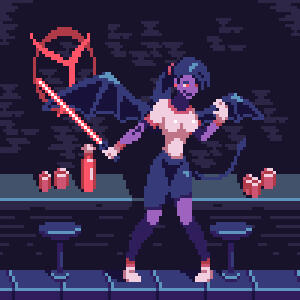 Pixel art of a demon anime girl in a bar.