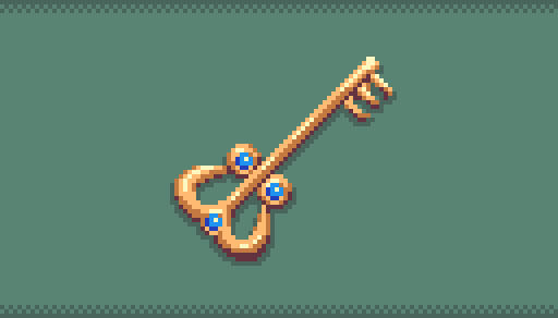 Pixel art of a magical royal golden key with blue gems.