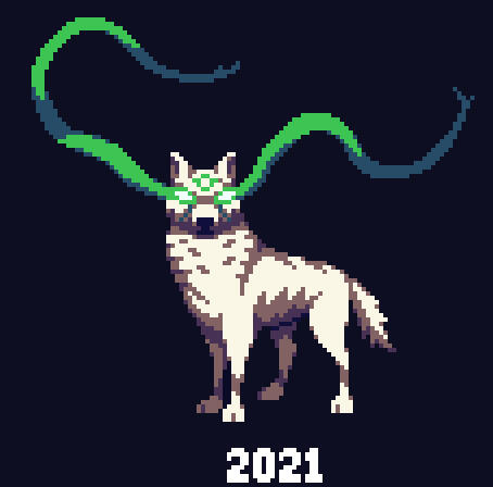 Pixel art of a magical spirit wolf.