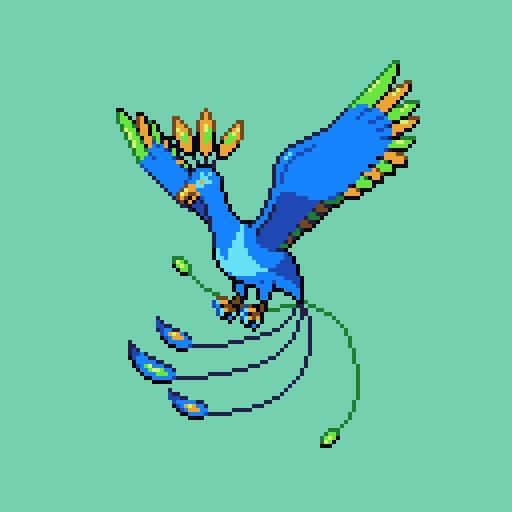 Pixel art of a pokemon inspired fakemon peacock legendary.