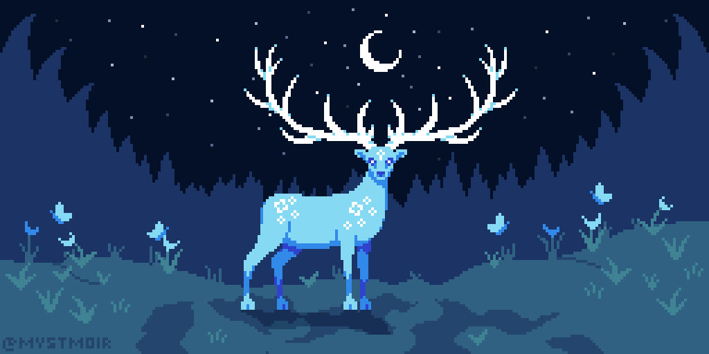 Pixel art of a Stag Spirit in the magical forest at night.