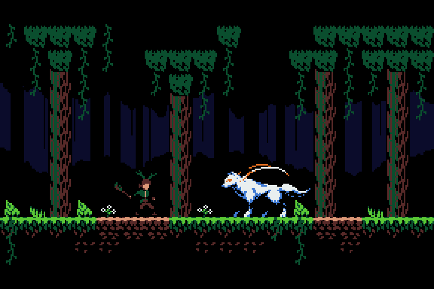 Pixel art mockup of a side scroller game with a druid and a spirit wolf boss.