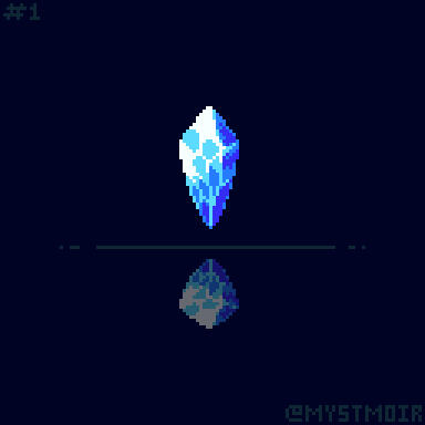 Pixel art of a magical floating blue crystal.