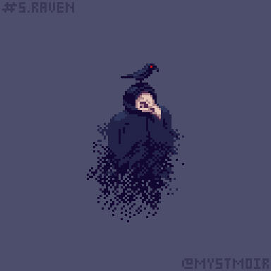 Pixel art of a wraith like Raven skull figure.