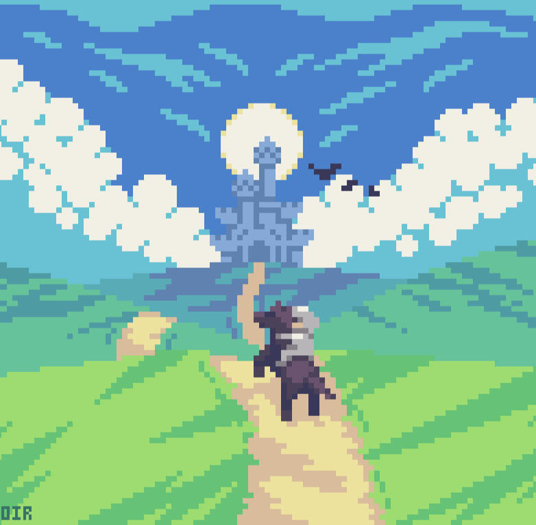 Pixel art scenery of a knight hero riding on a horse towards the castle.